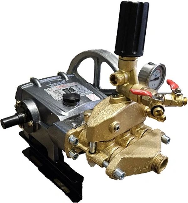 Industrial water pump with pressure gauge and control valves.