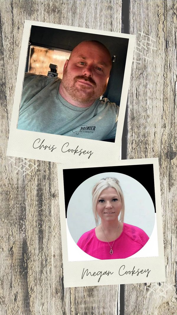 Two portrait photos of Chris Cooksey and Megan Cooksey on a wooden background.