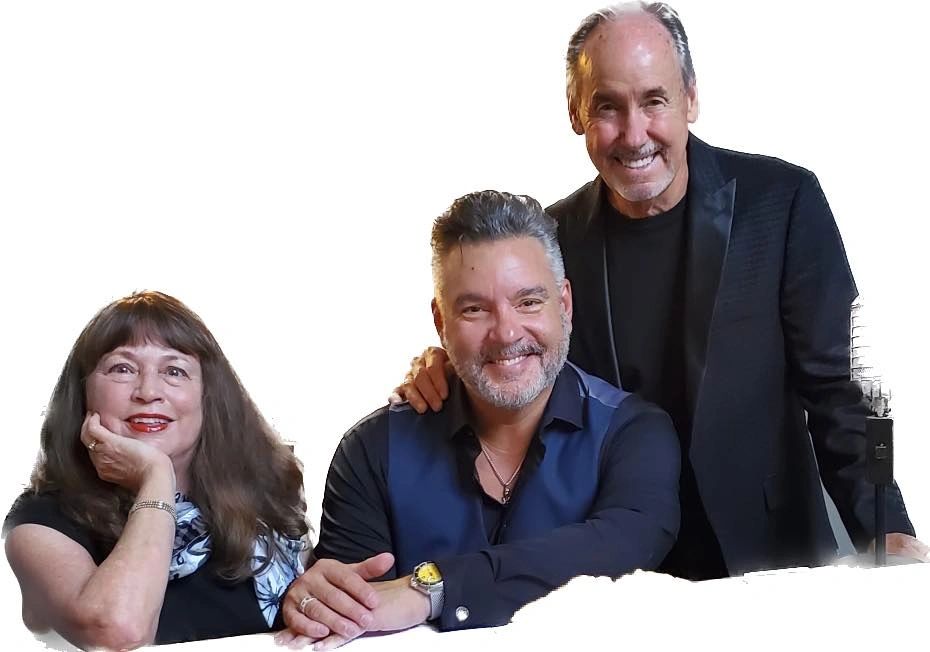 Three smiling adults posing against a white background.