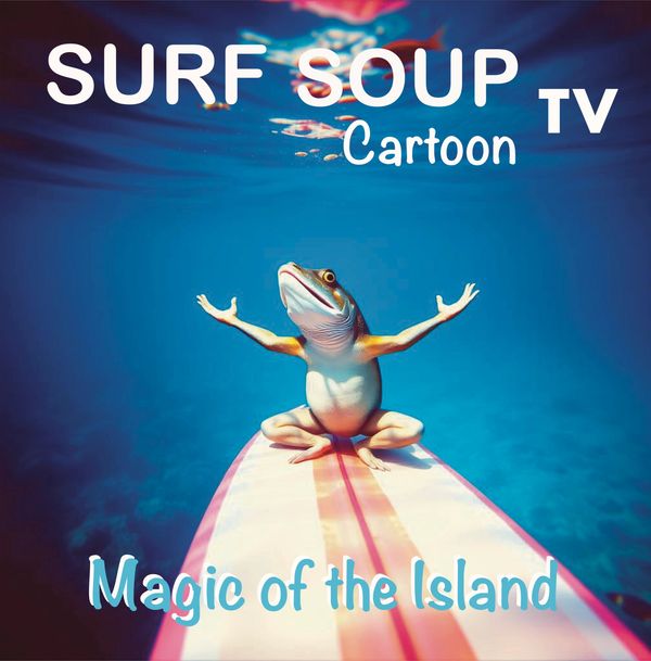 Surf Soup TV Cartoon magic of the island album, cover music Surf Soup surfboard with her arms up