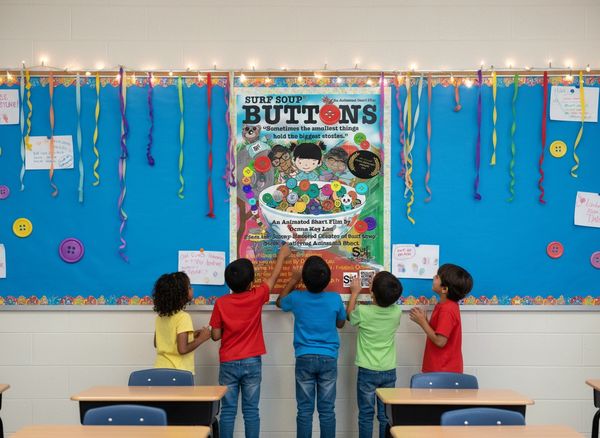 Classroom with kids looking at the buttons pister on the classroom wall with colorful streamers