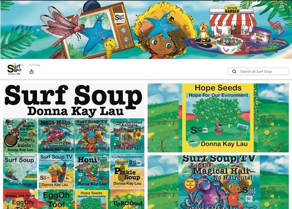 Koa surfing the waves in Surf Soup® TV animated cartoon series by Donna Kay Lau
Surf Soup® book cove