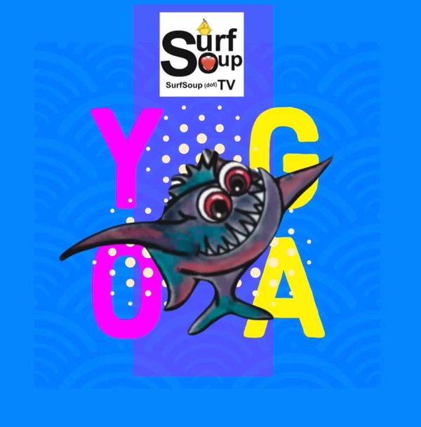 Surf soup TV yoga with prana blue background with surf soup character