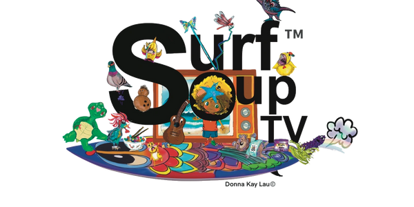 Surf Soup® logo with playful typography and ocean waves
Koa wearing his fun Surf Soup® adventure 
