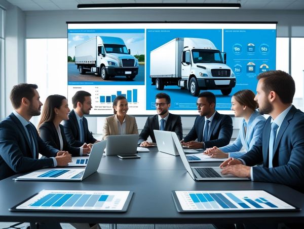 Business team discussing logistics with truck data on screen.