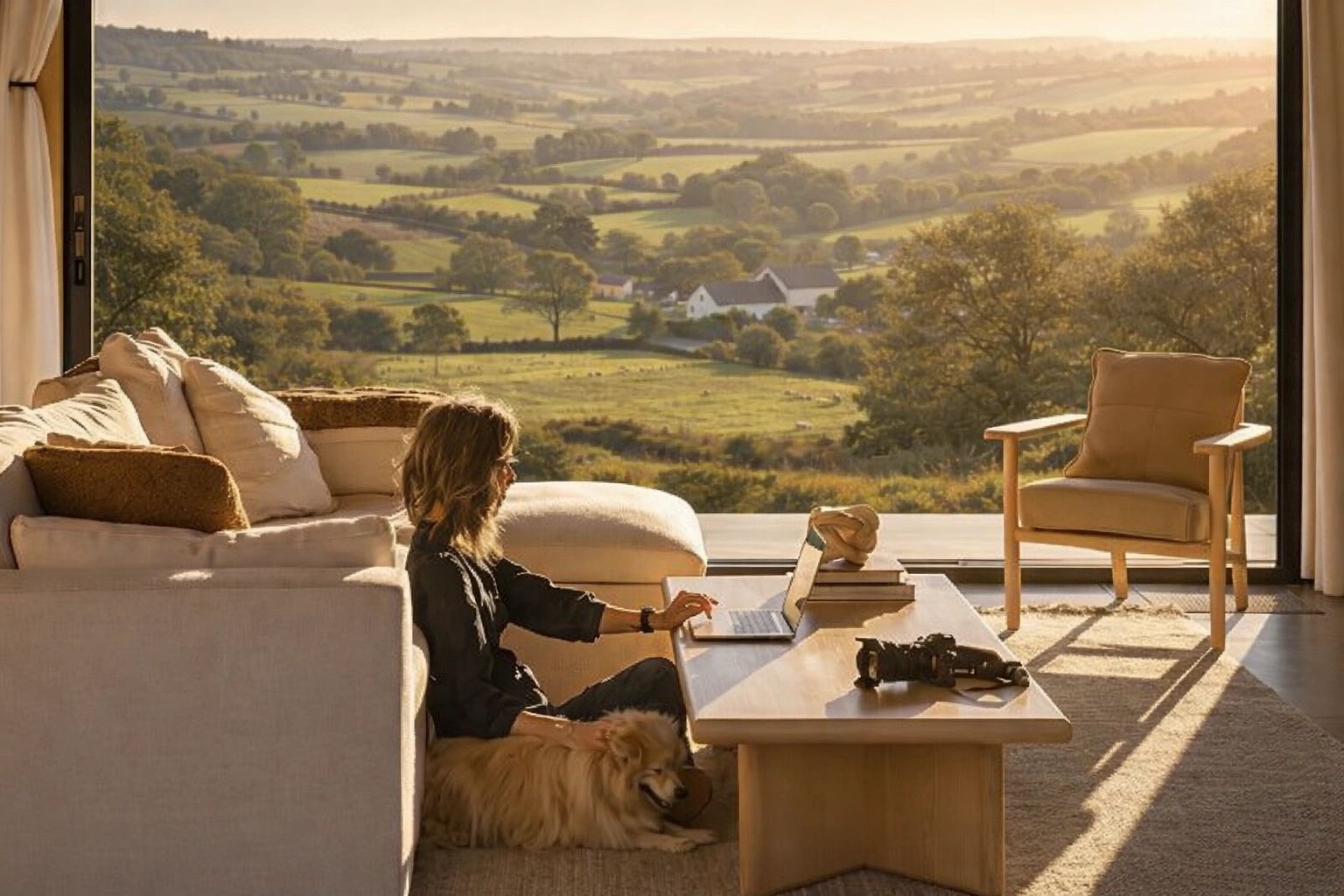 Woman working on a laptop in a cozy room with a dog and countryside view.