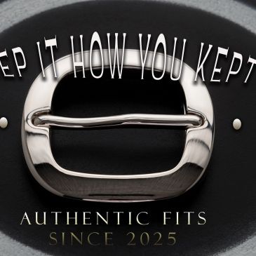 Close-up of a belt buckle with text "Authentic Fits Since 2025".