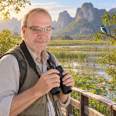Khao Sam Roi Yot with binoculars, limestone mountains, lotus ponds and native birds .
