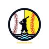 Baseball logo with pitcher silhouette and colorful background.