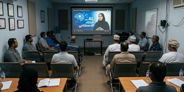A group watches a presentation on artificial intelligence in a classroom.
