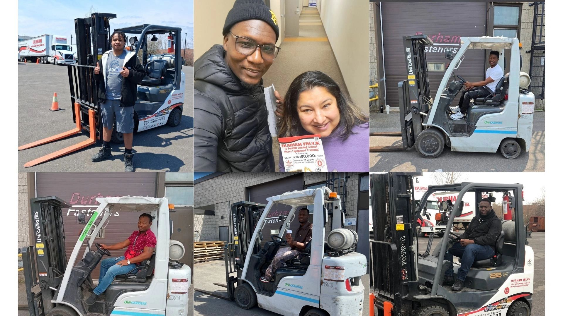Multiple people posing with forklifts at a Durham Truck &amp; Forklift Driving School training site.