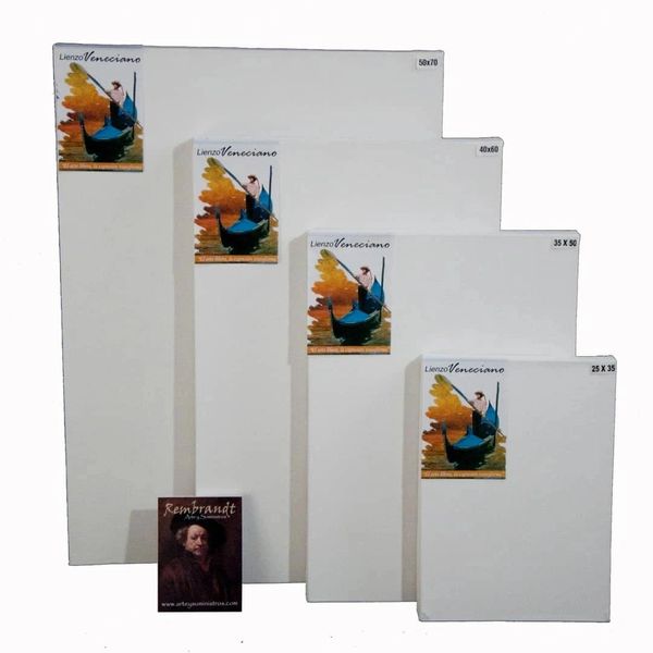 Set of four blank canvases in different sizes with labels and a Rembrandt art card.