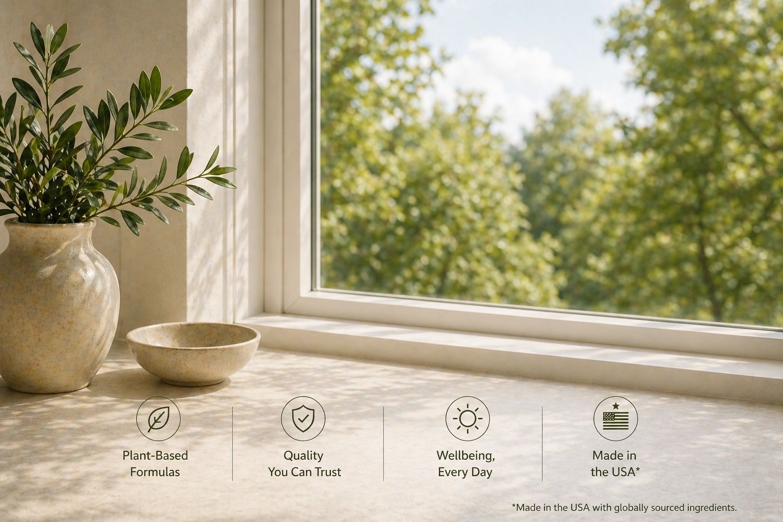 Sunlit windowsill with a plant and bowl, highlighting natural and trusted quality.