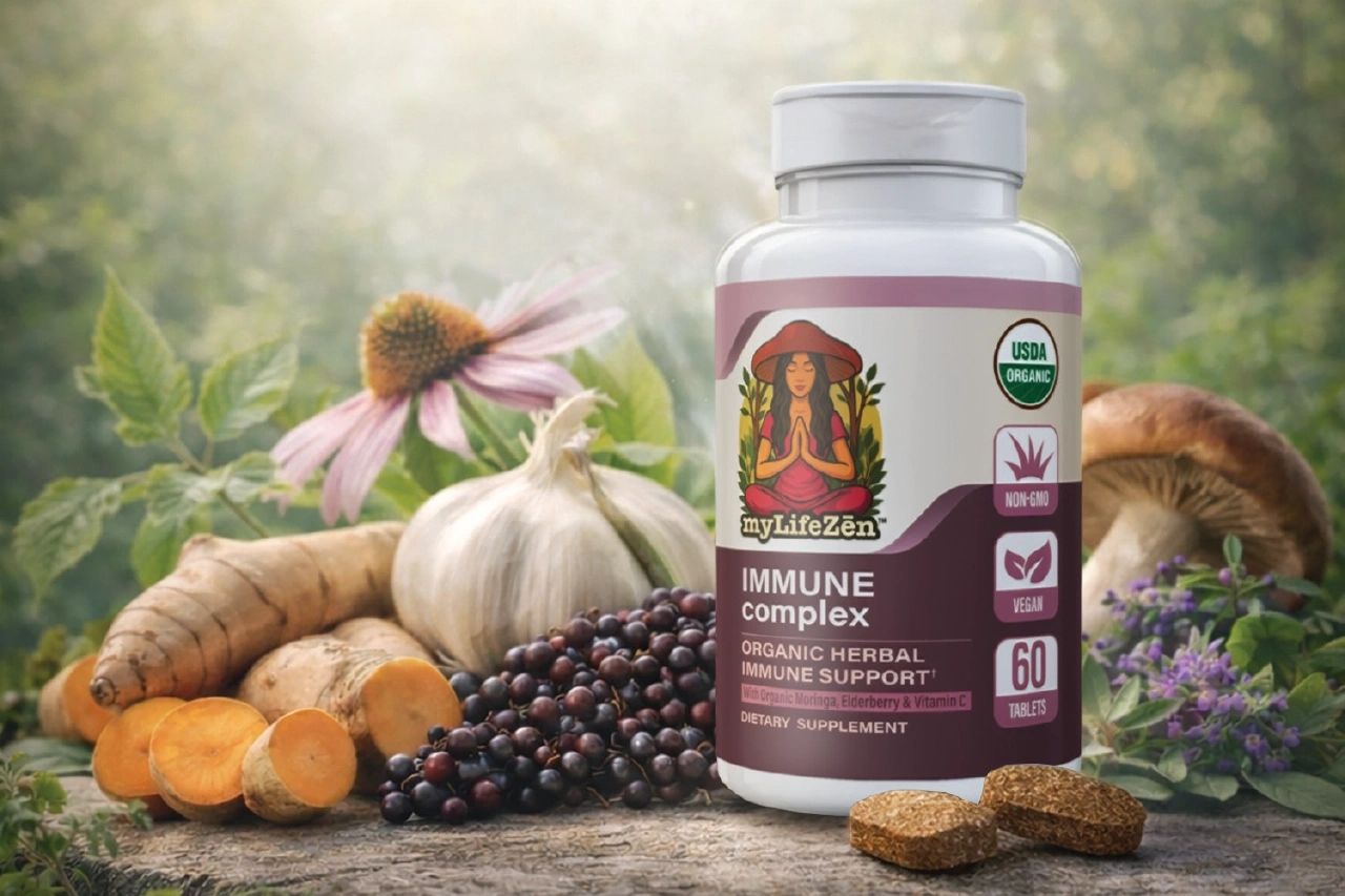 MyLifeZen Immune Complex herbal supplement with natural ingredients and tablets.