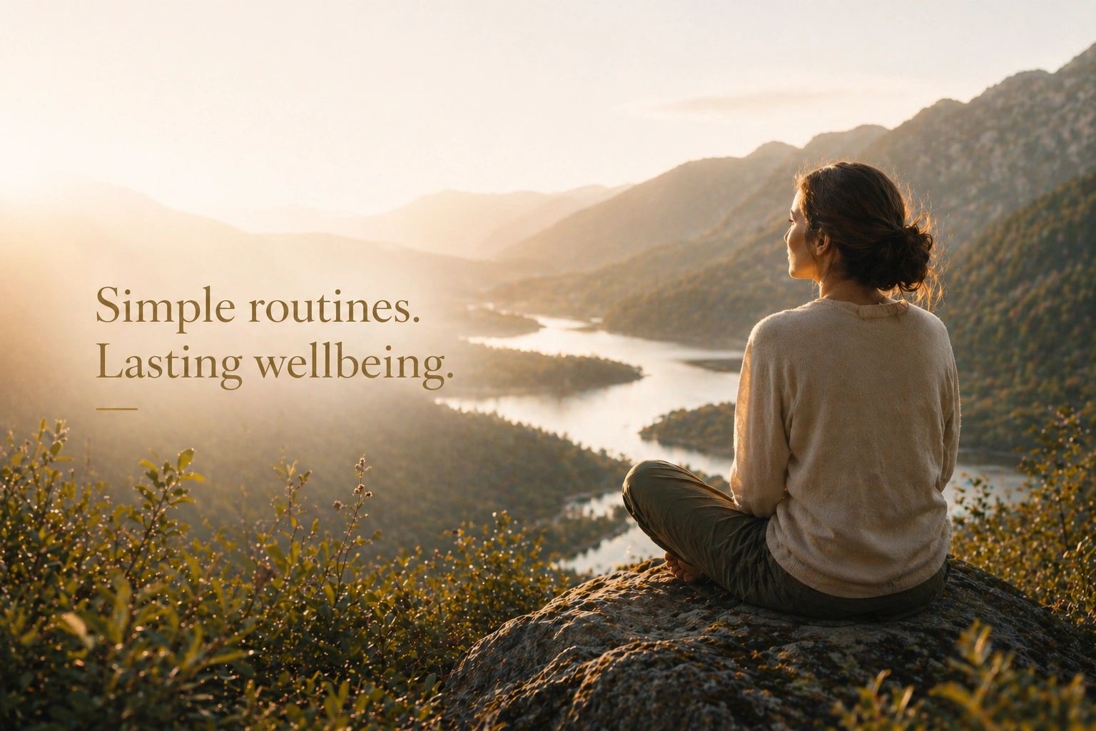 A woman meditates on a mountain overlooking a river at sunset, promoting wellbeing.