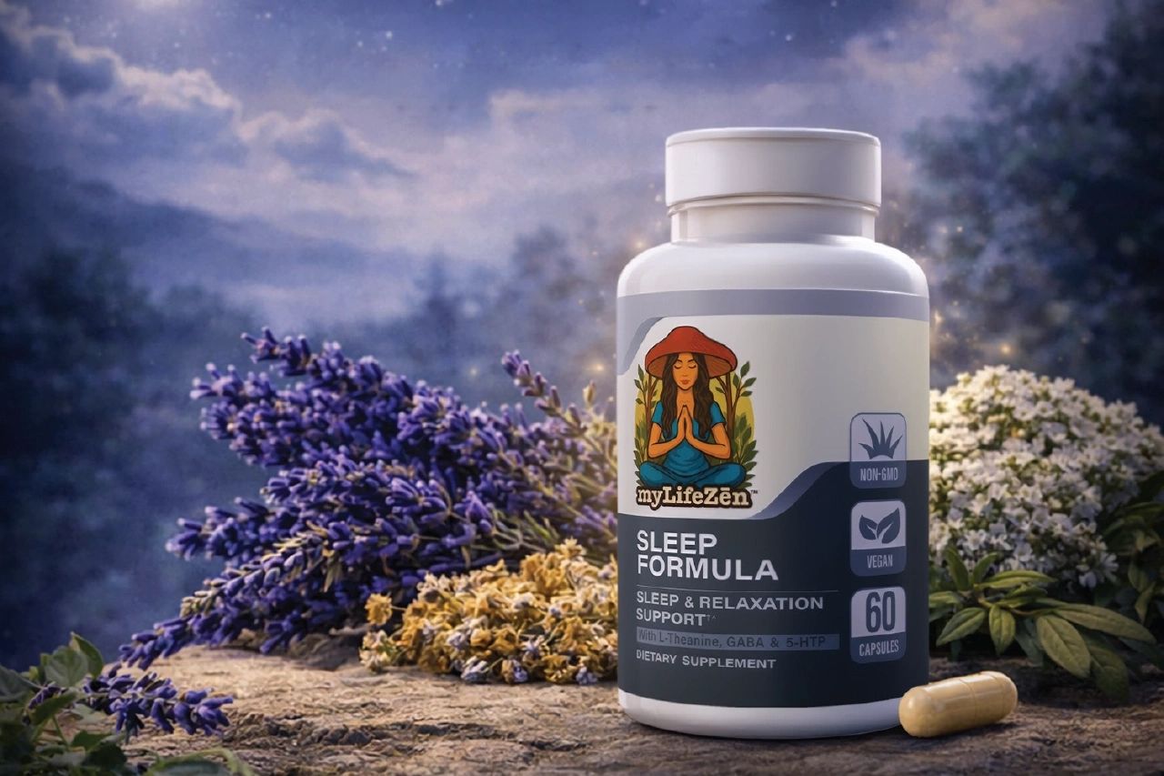 Bottle of myLifeZen sleep formula supplement surrounded by calming herbs.