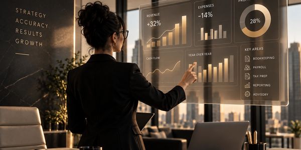 Businesswoman interacting with a futuristic data interface.