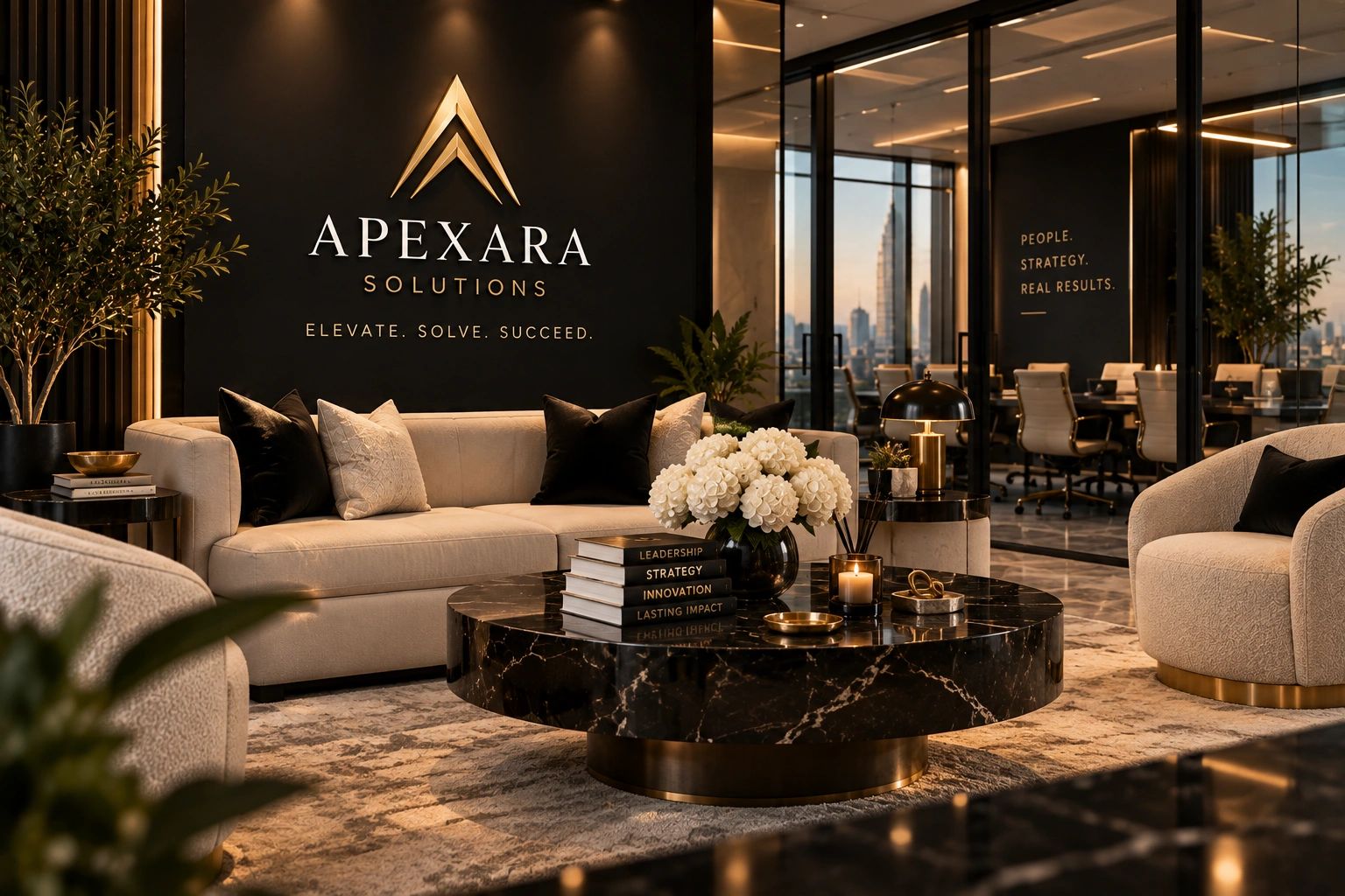 Luxurious modern office lounge with elegant furniture and decor.