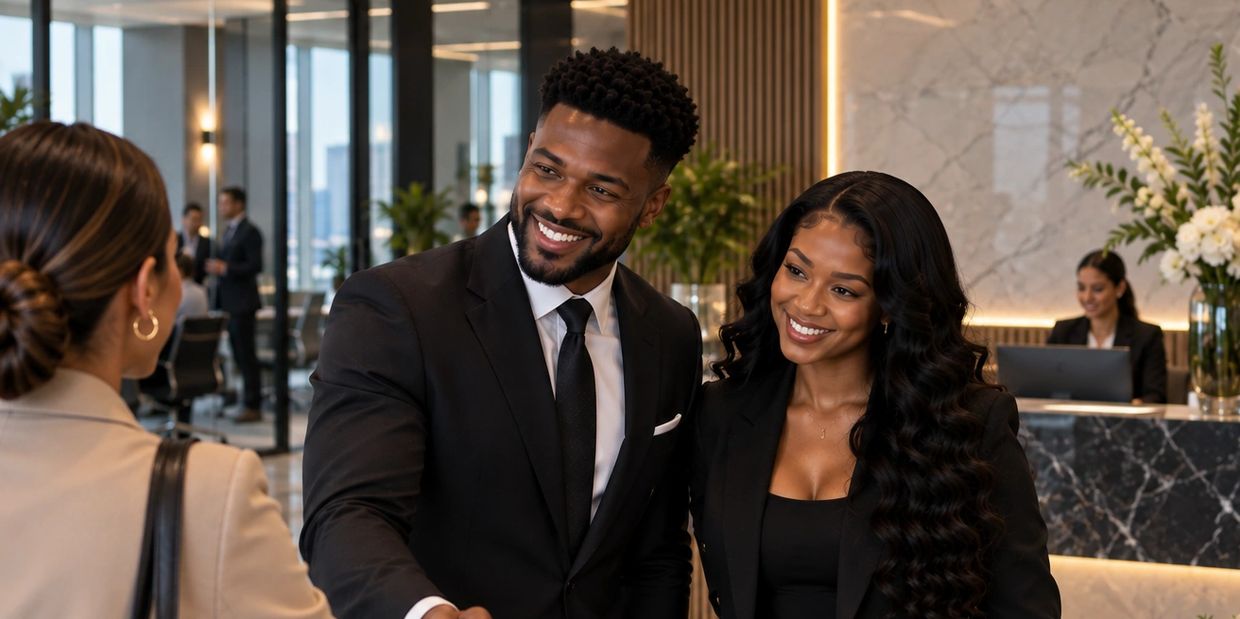 Professional business people shaking hands in a modern office.