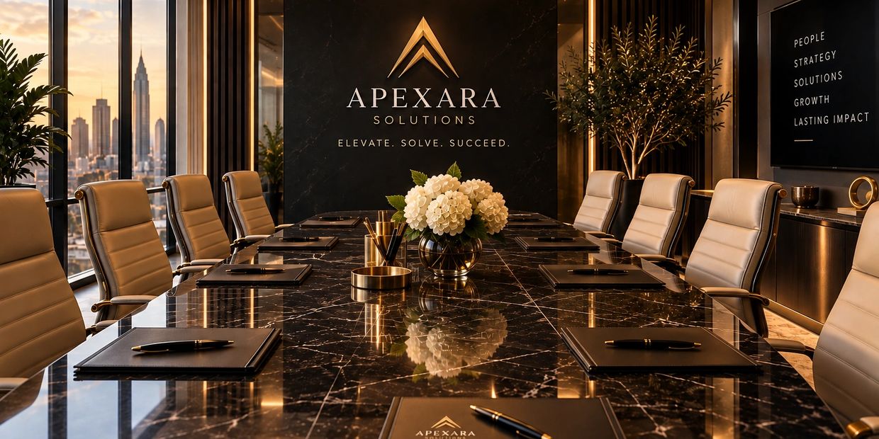 Luxurious conference room with city skyline views.
