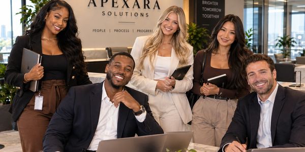 A diverse group of professionals smiling at the workplace.