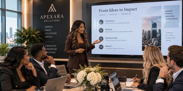 Business meeting presentation on strategy and impact.