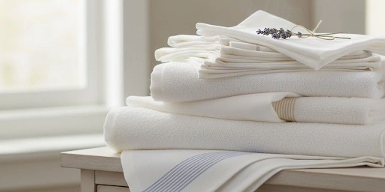 Neatly folded white towels and linens on a wooden table with soft natural light.