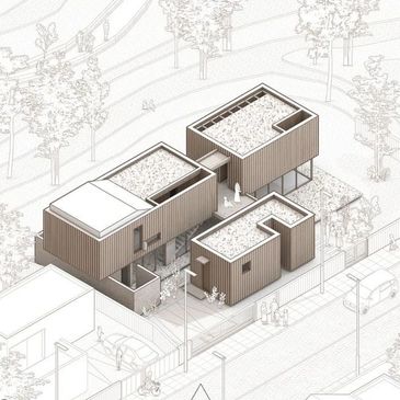 Isometric architectural drawing of a modern multi-block building with people and trees.