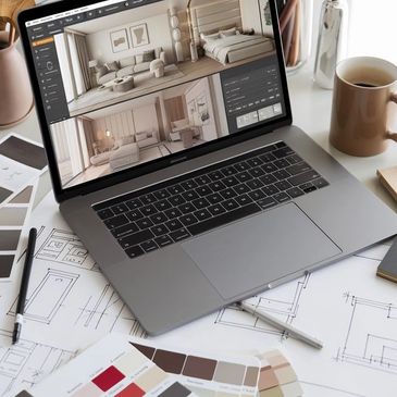 Laptop displaying interior design software amidst architectural plans and color swatches.
