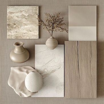 Neutral-toned decorative vases and textured materials arranged aesthetically.