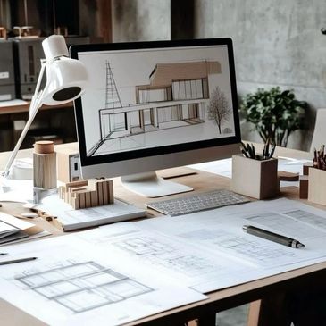 Architectural workspace with computer displaying building design and blueprints on desk.