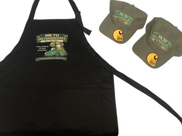 Custom printed restaurant apron and embroidered work hats created for a local deli business