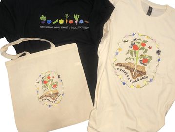 Custom printed T-shirts and tote bag created for a Durham community event and farmers market