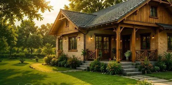 Cozy wooden house surrounded by lush greenery.