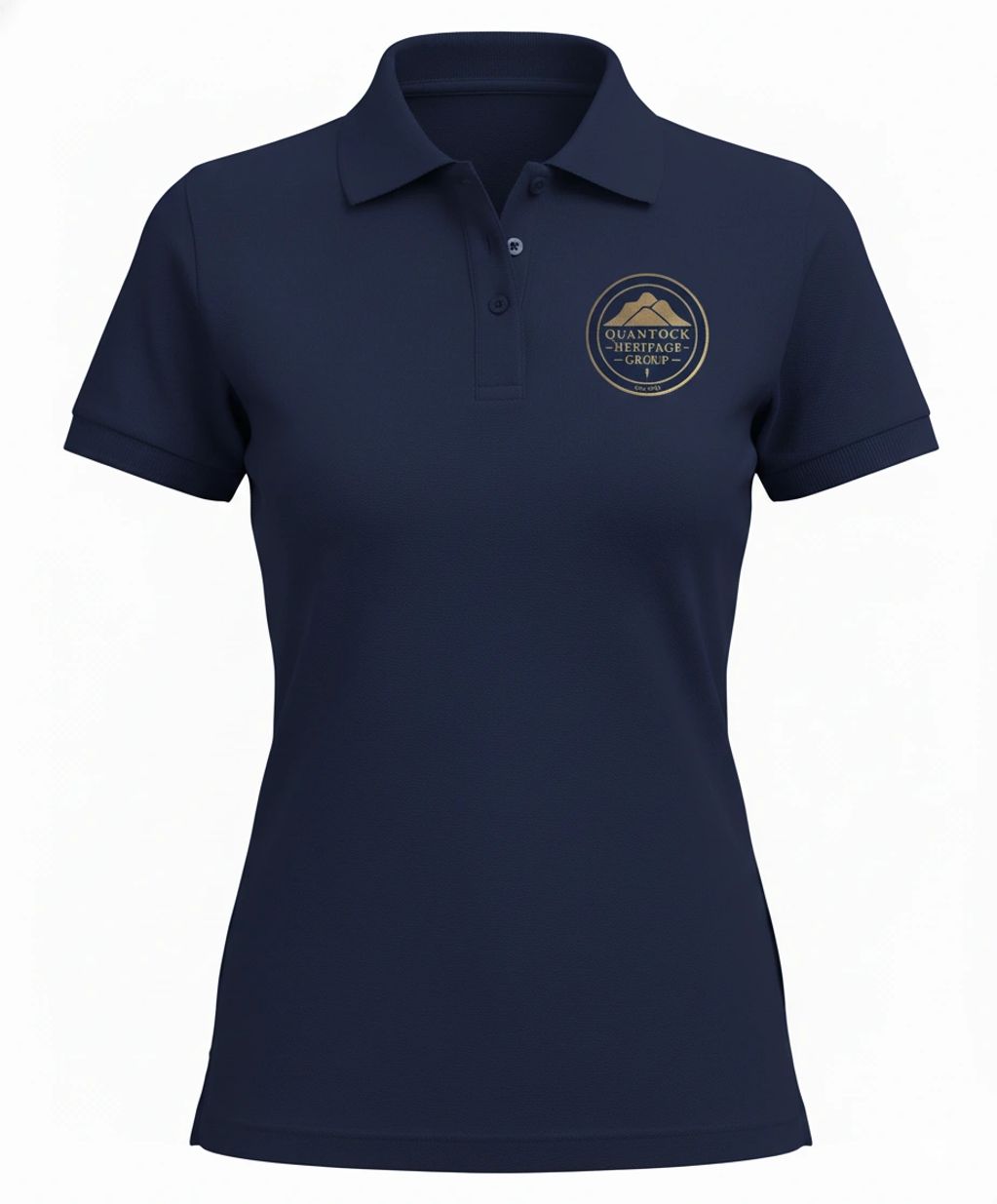 Navy blue women’s polo shirt with Quantock Heritage Group logo.