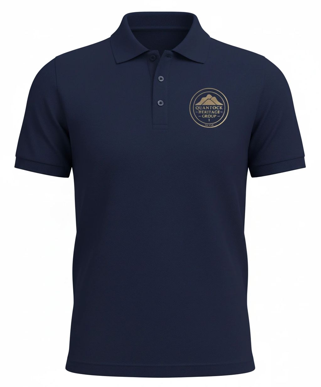 Navy blue polo shirt with Quantock Heritage Group logo.
