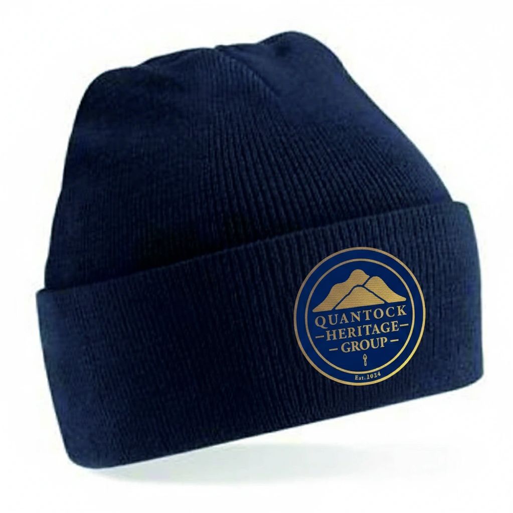 Navy blue beanie with Quantock Heritage Group logo.
