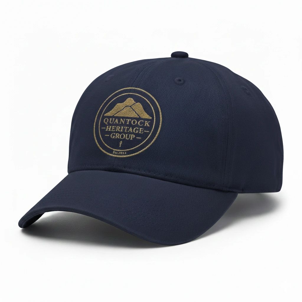 Navy blue cap with a mountain logo and text.