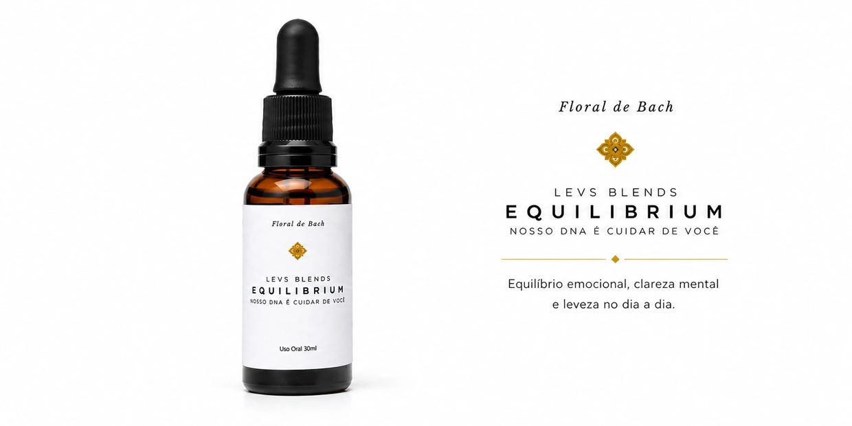 Frasco de gota com rótulo branco e texto em português sobre equilíbrio emocional.