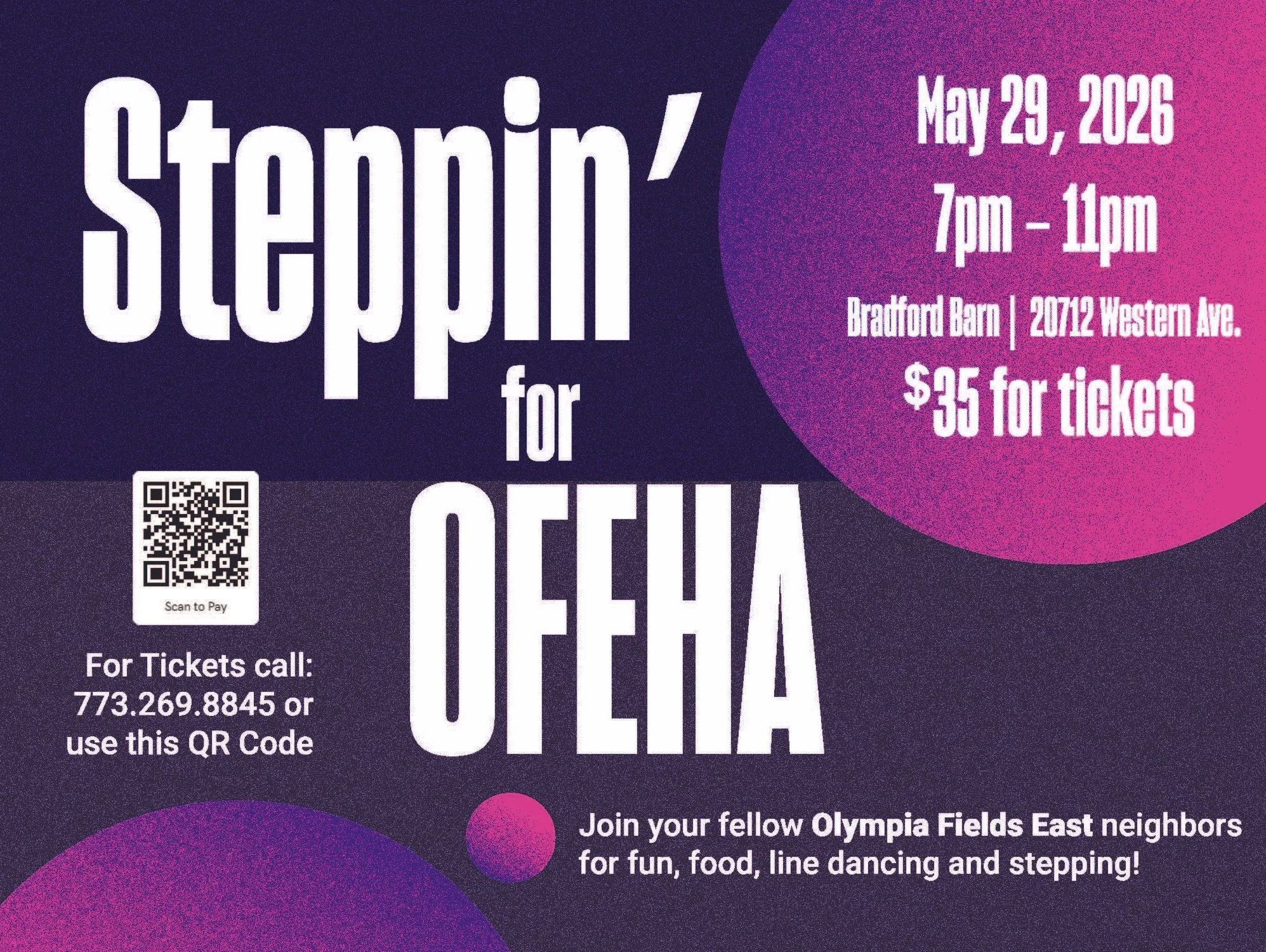 Flyer for Steppin' for OPEHA event on May 29, 2026, from 7pm to 11pm.