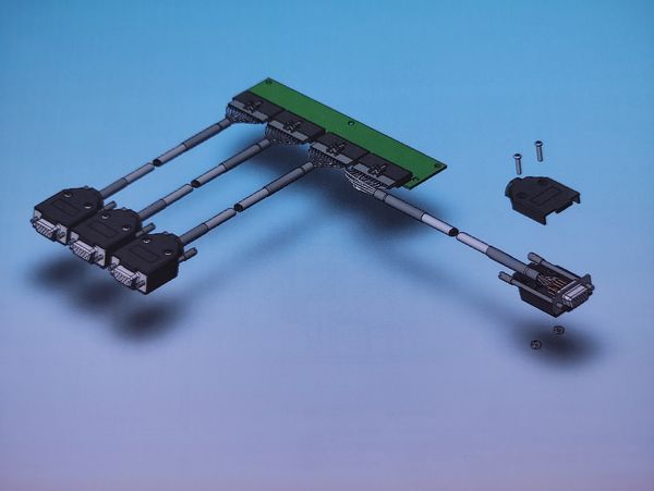 3D model of a multi-port cable with connectors and screws.