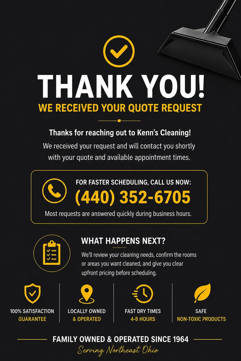 Thank you message from Kenn's Cleaning with contact and service details.