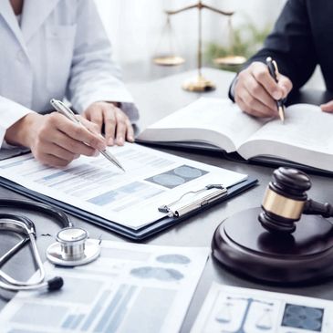 Medical and legal professionals reviewing documents together at a desk.
