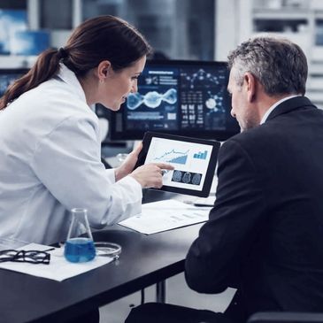 A female scientist explaining data on a tablet to a man in a suit in a lab.