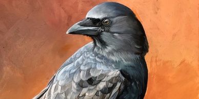 Detailed painting of a gray crow against an orange background.