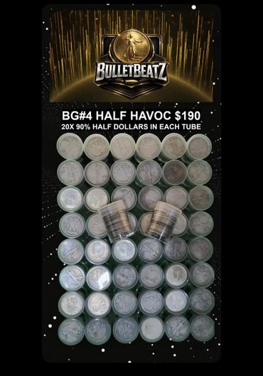 Display of 20 tubes each containing 90% silver half dollar coins.