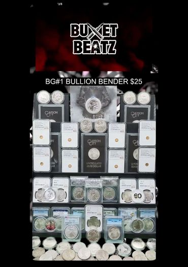 Display of various silver coins and bullion under 'Bullet Beatz' branding.