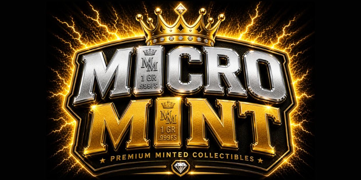 Bold metallic logo of 'MICRO MINT' with gold crown and electric effects.