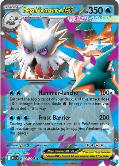 Mega Abomasnow EX Pokémon card with icy blue background.