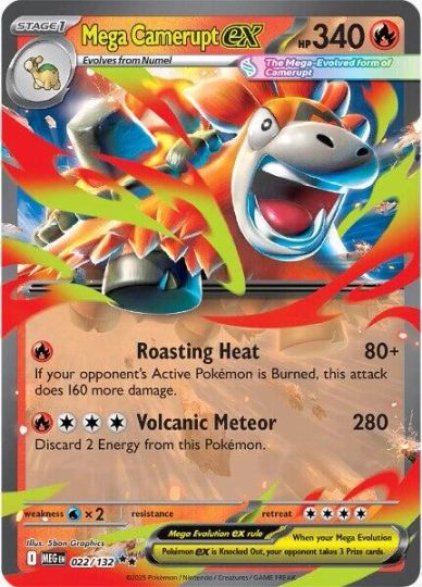 Mega Camerupt EX Pokémon card with fiery design and strong attacks.